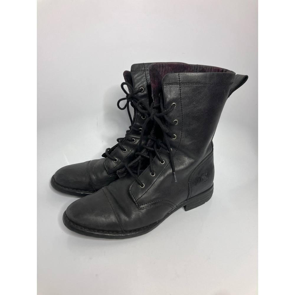 Born Karoline Combat Boots Women 7.5 Black Excellent Leather Lace Up Cap Toe